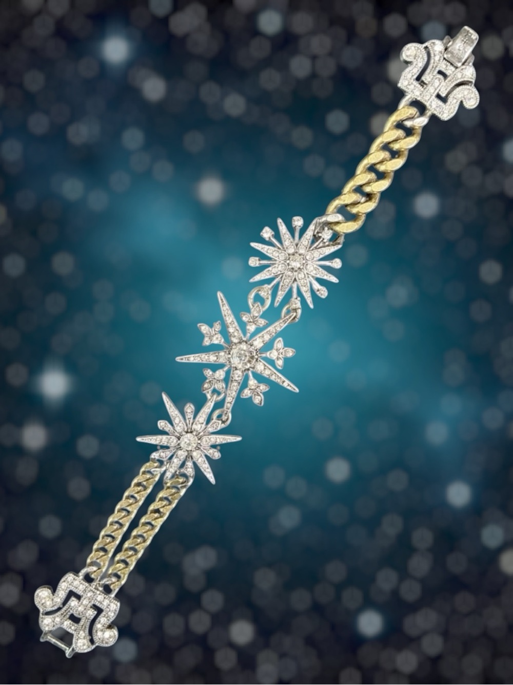 Chloe + Isabel Starburst Statement Bracelet Mixed Metal Chain Crystal Celestial